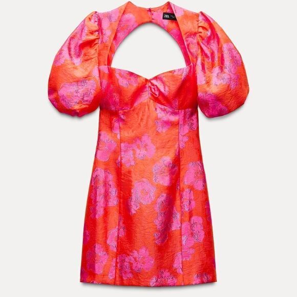 NWT ZARA PUFF SLEEVE JACQUARDβMINI DRESS Fuchsia | 8072/54 - Picture 12 of 16